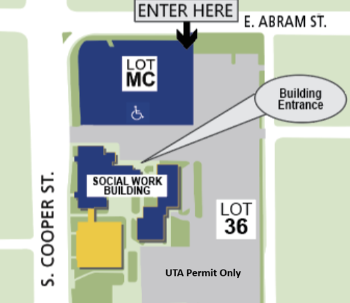 A map showing the entrance to City of Arlington Municipal Court using Abrams St.